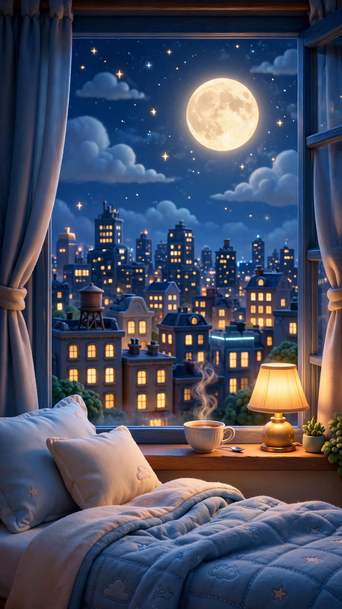 City Skyline Night Moon Lights