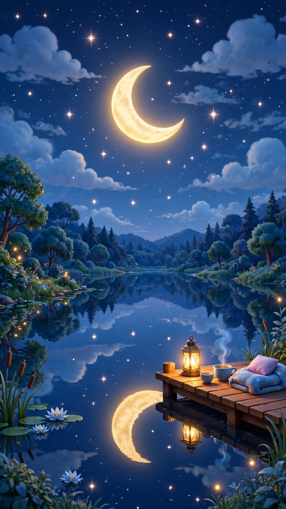 Lake Reflection Moon Stars Peaceful