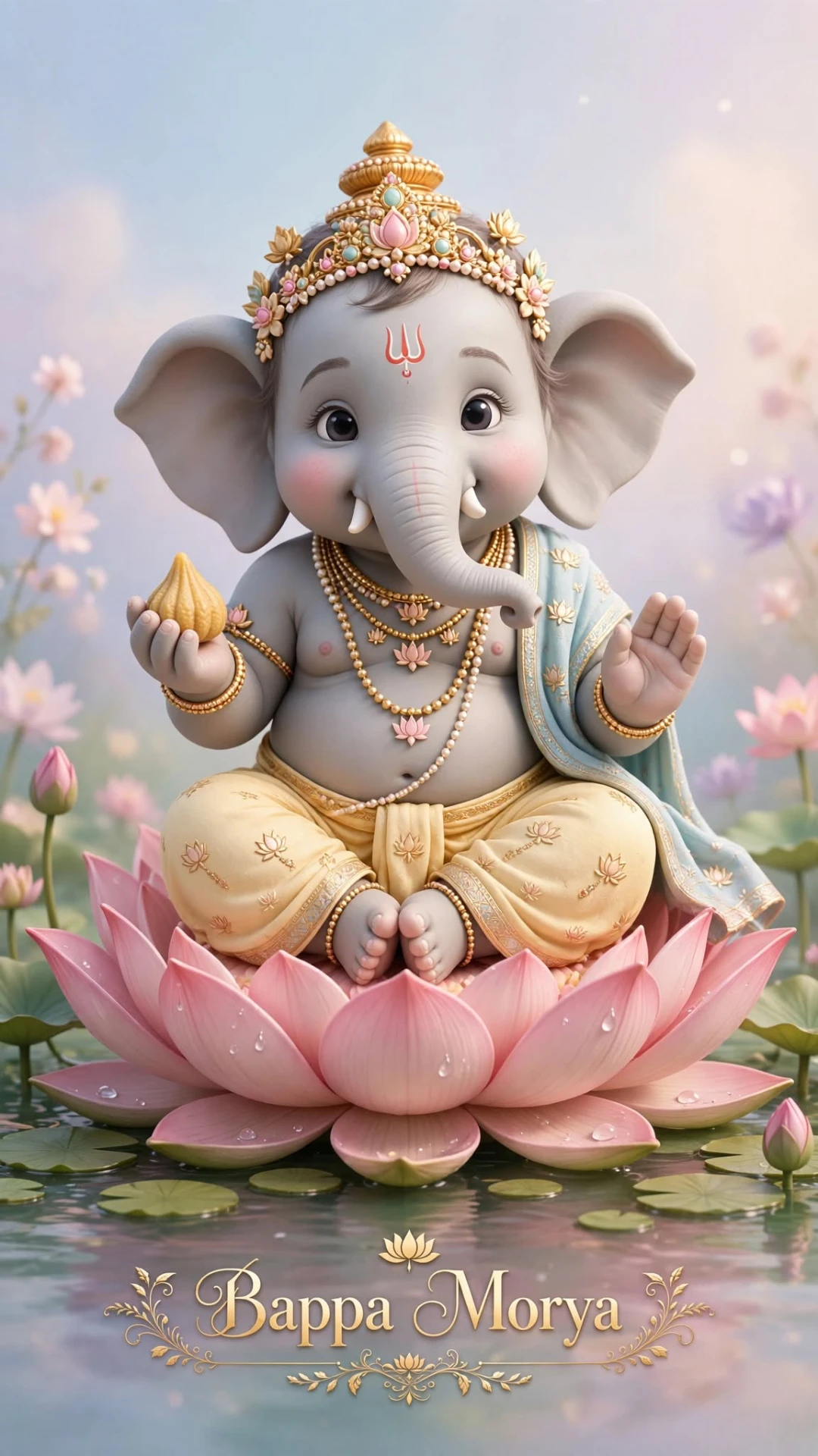 Cute Baby Ganesha on Lotus Bappa Morya