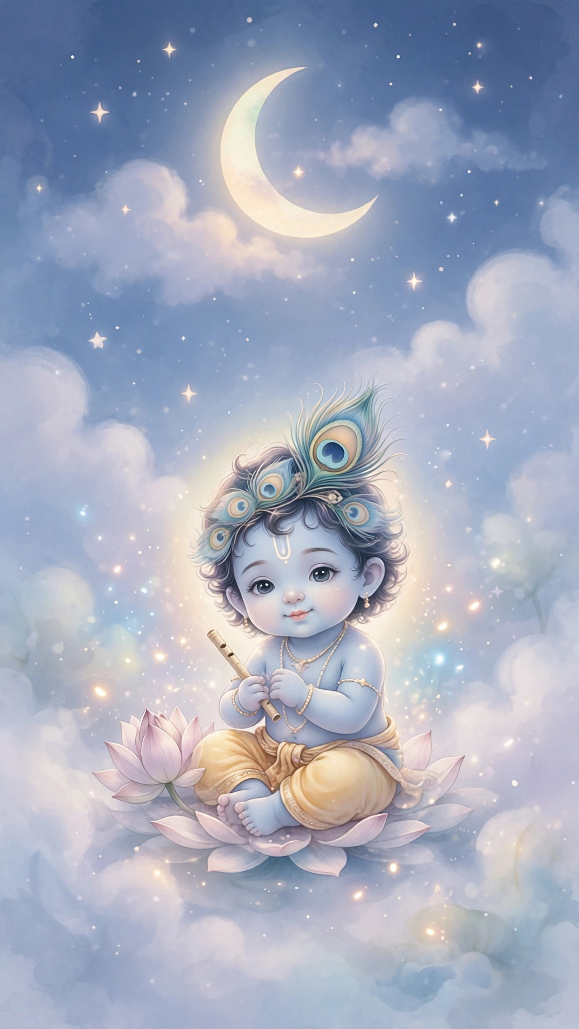 Little Krishna on lotus under moon