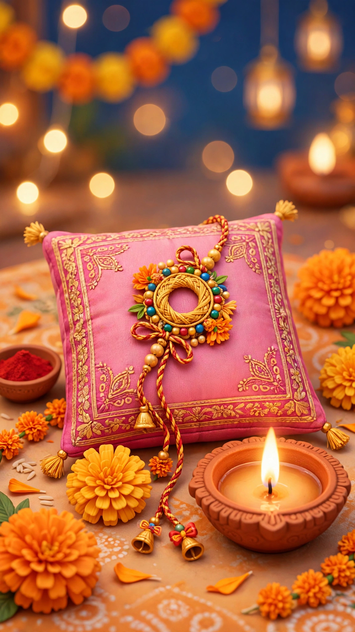 Rakhi on pillow with diya